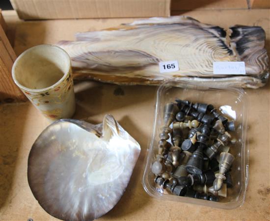 Agatized/fossilised wood, horn chess pieces etc